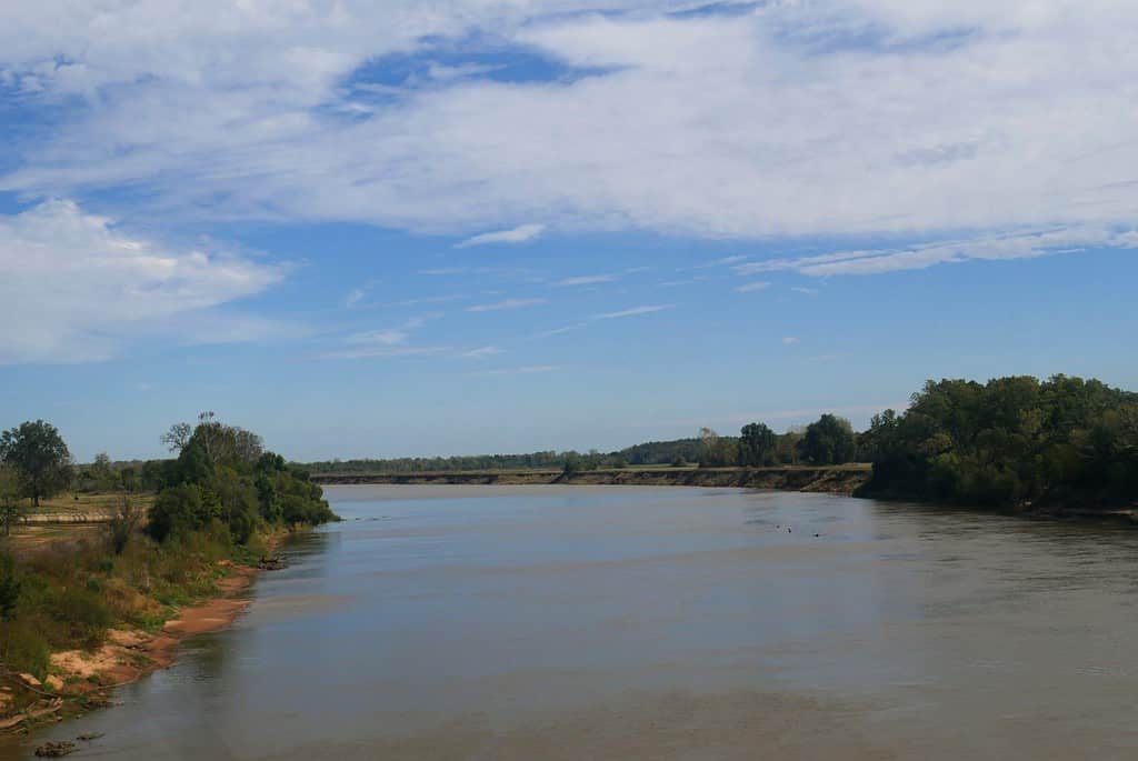 Panoramic shot of the Red River at the border of Oklahoma and Texas along Interstate 35. The Red River is the second largest river basin in the Great Plains forking to Texas Panhandle and Oklahoma.