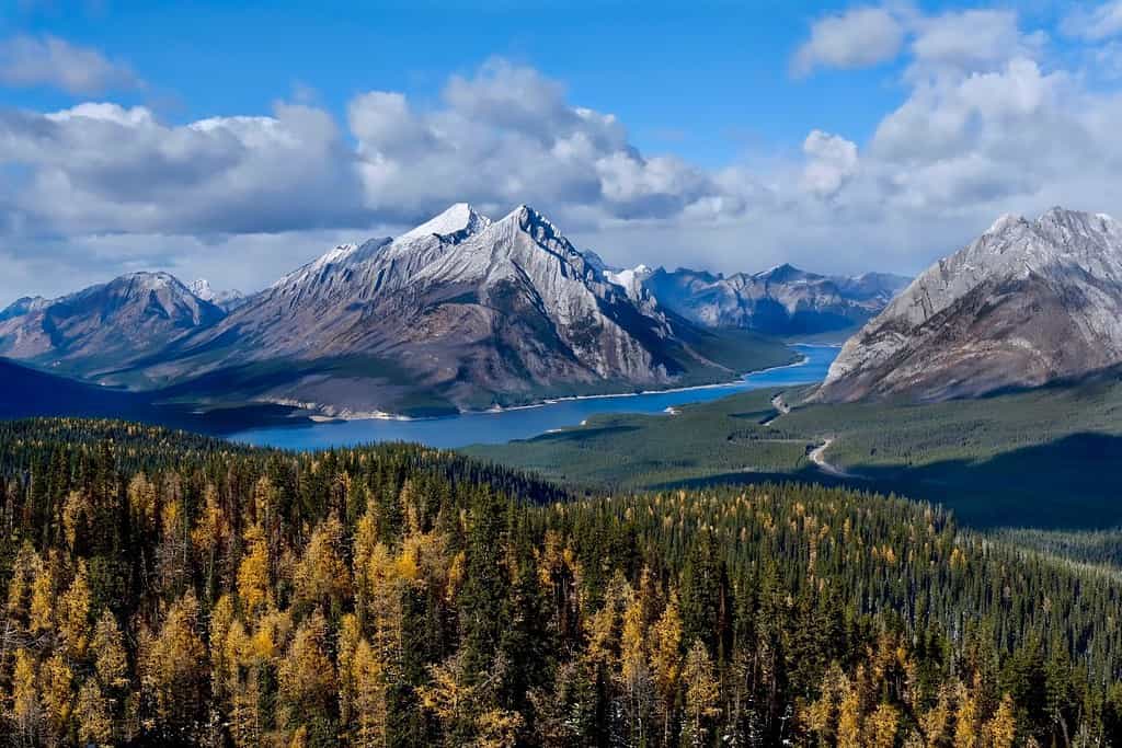 Rocky Mountains landscape with lake and golden larches. Tent Ridge Horseshoe. Spray Lake in Spray Valley Provincial Park. Kananaskis. Alberta. Canada.
