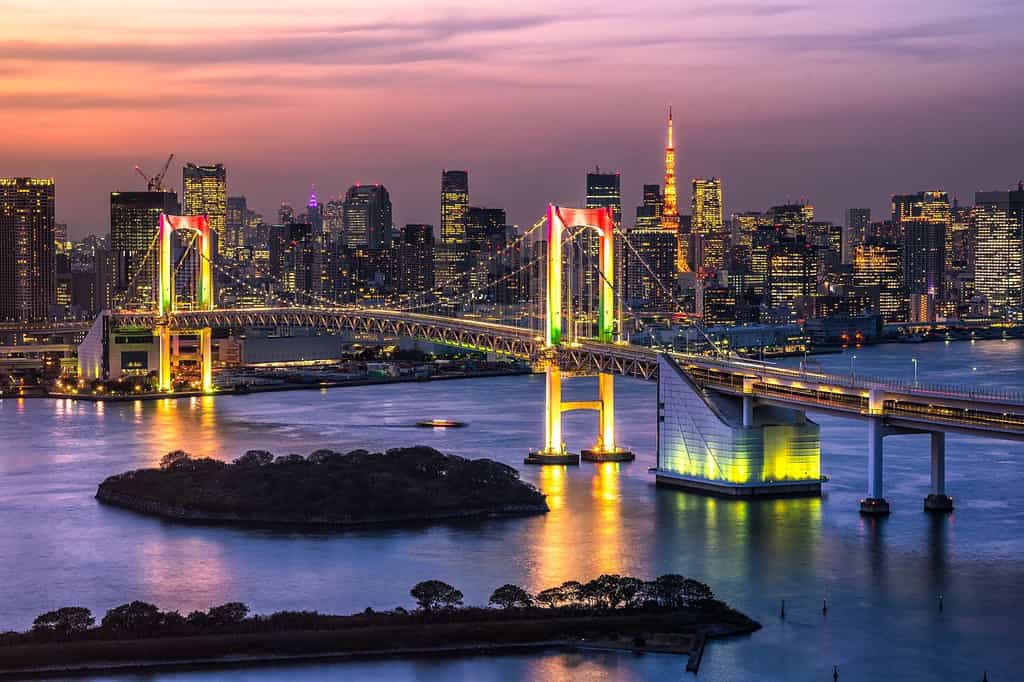 Beautiful night view of Tokyo Bay , Rainbow bridge and Tokyo Tower landmark Twilight scene, Odaiba, Japan