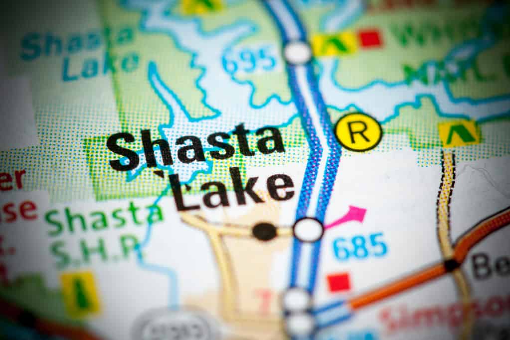 Shasta Lake. California. USA on a map.