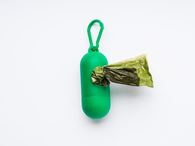 Compostable dog poop bags dispenser on white