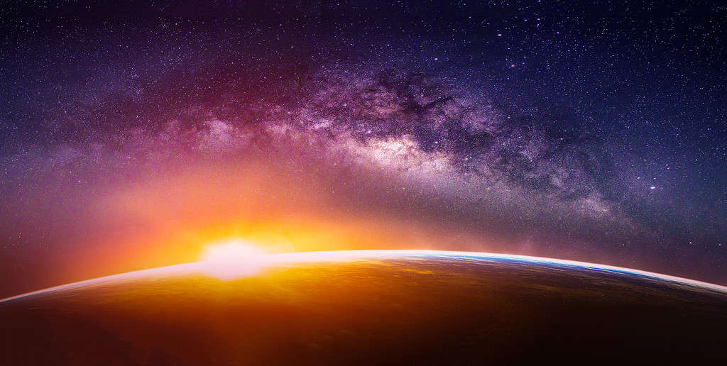 Landscape with Milky way galaxy. Sunrise and Earth view from space with Milky way galaxy. (Elements of this image furnished by NASA) Horizon