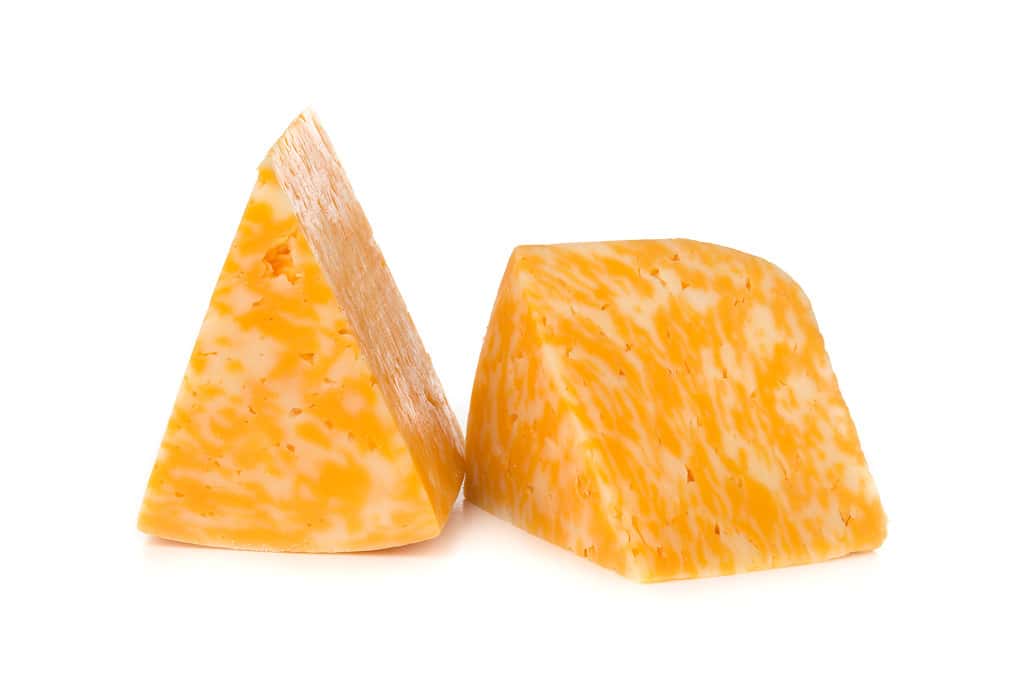 Marble cheese on a white background. Two triangles of cheese close up.