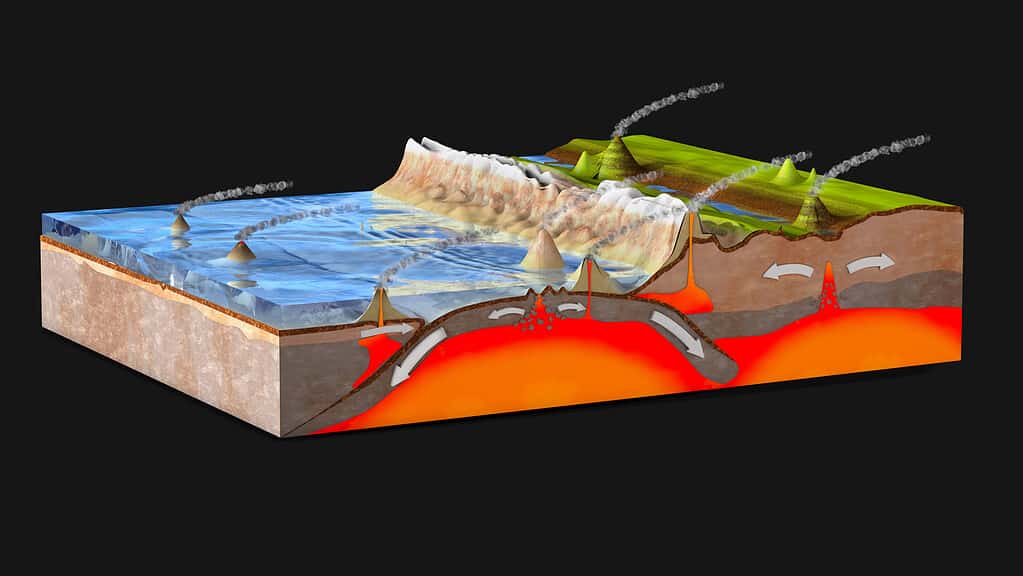 scientific ground cross-section to explain subduction and plate tectonics - 3d illustration