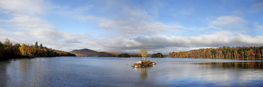 A Tiny Island In Tupper Lake, Panoramic View During Autumn In The Adirondack Mountains, New York