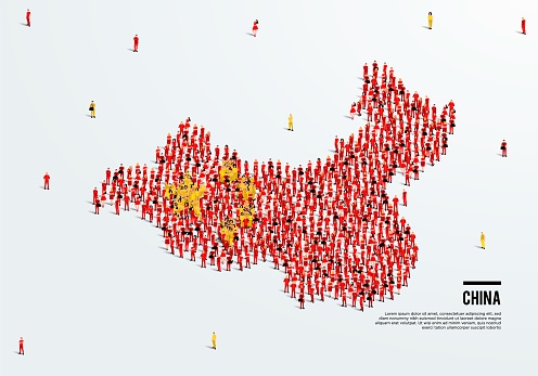 China Map and Flag. A large group of people in Chinese flag color form to create the map. Vector Illustration.