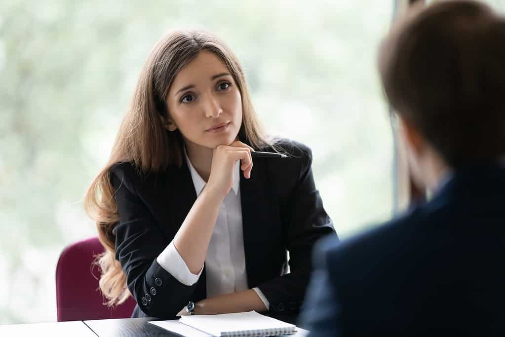 Engaged recruiter, recruit agent talking to job candidate on interview