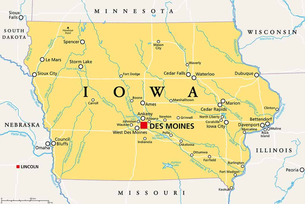 Iowa, IA, political map, US state, nicknamed The Hawkeye State