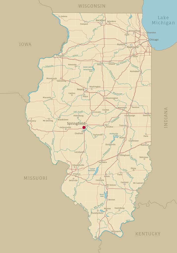Road map of Illinois, US American federal state.