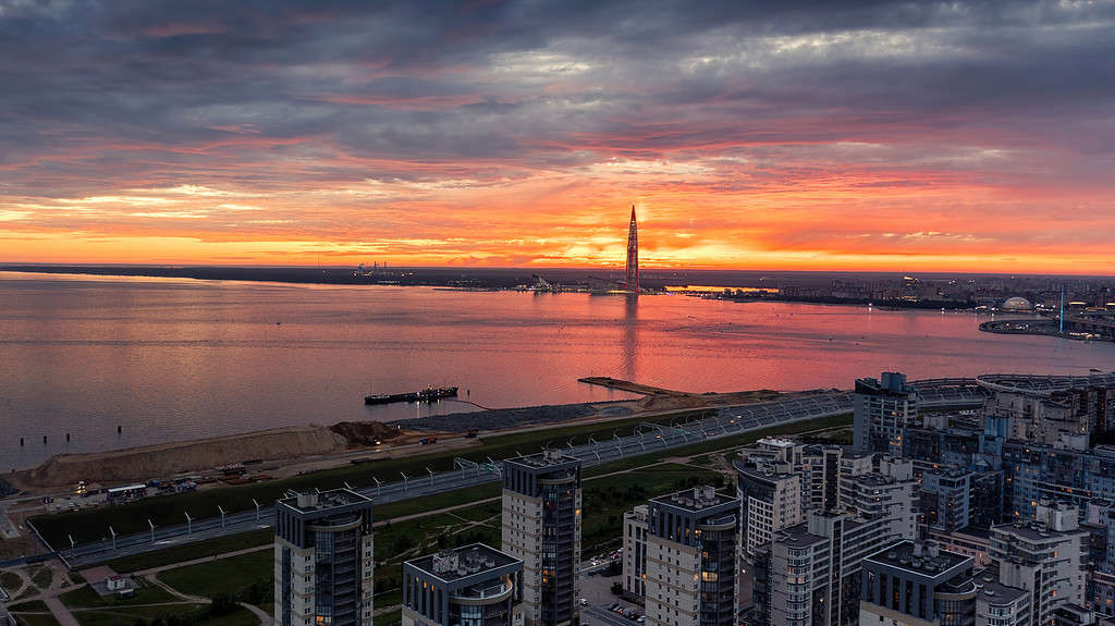Red sunset over Saint Petersburg, Russia panoramic aerial view