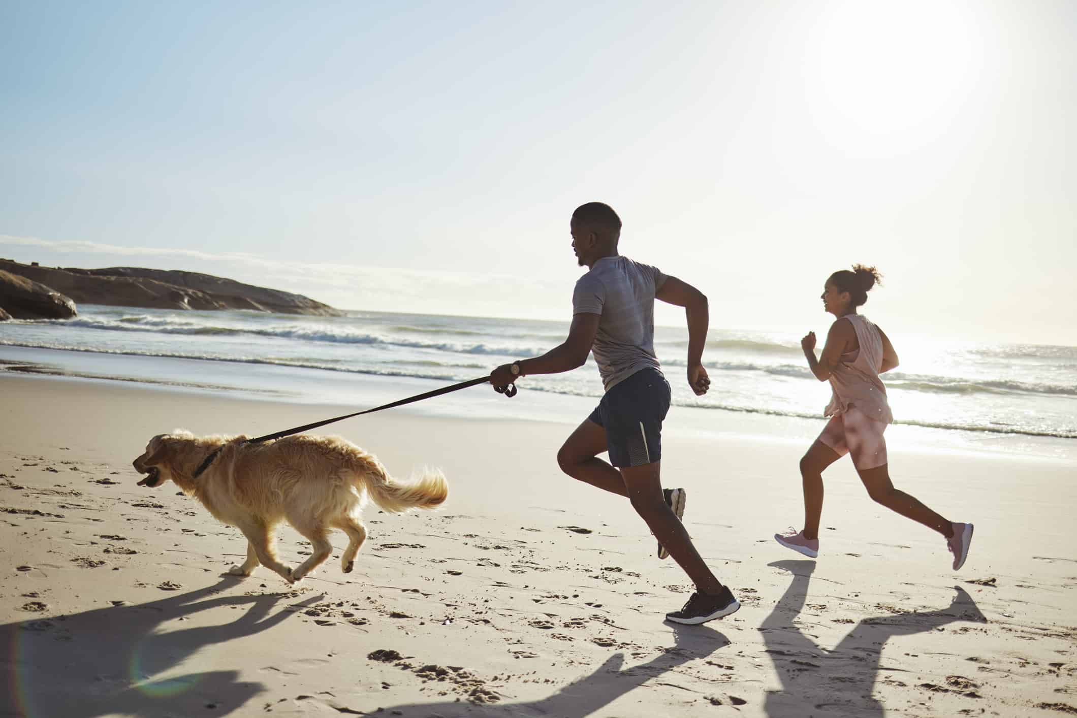 Couple, fitness or running with dog on beach exercise, training or workout by water waves, ocean or California sea with Golden Retriever. Woman, man and runner people with pet animal in nature sports