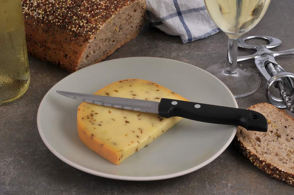Piece of Gouda with cumin on a plate