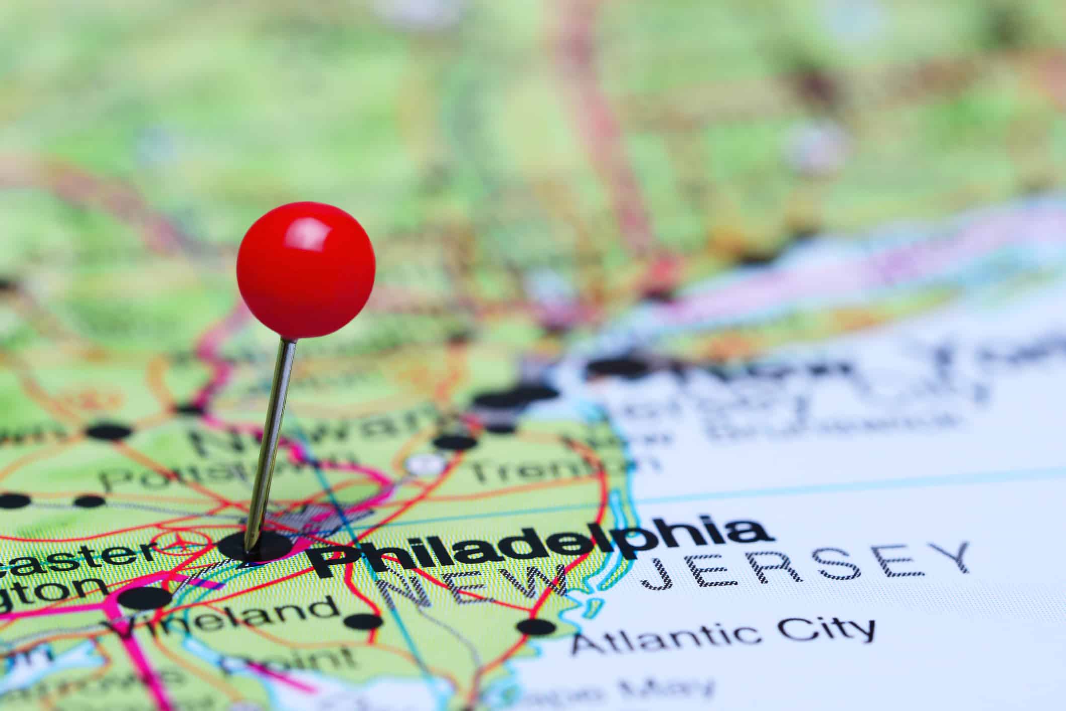Philadelphia pinned on a map of USA