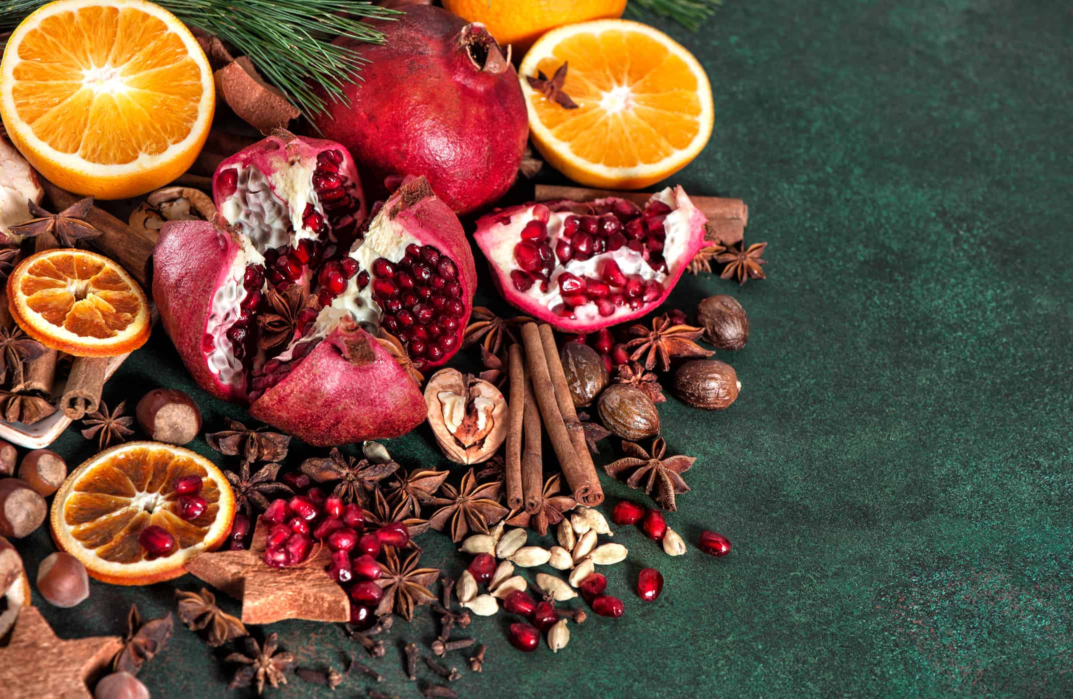 Fruits pomegranate orange spices ingredients mulled wine