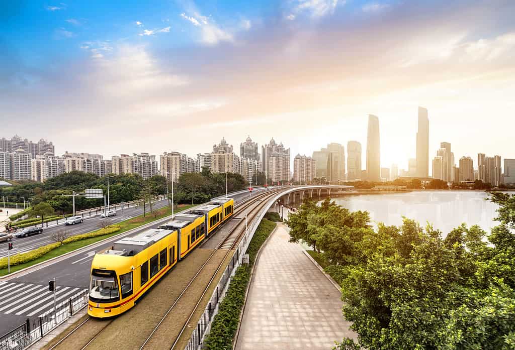 The sightseeing train is driving in the city,guangzhou,china