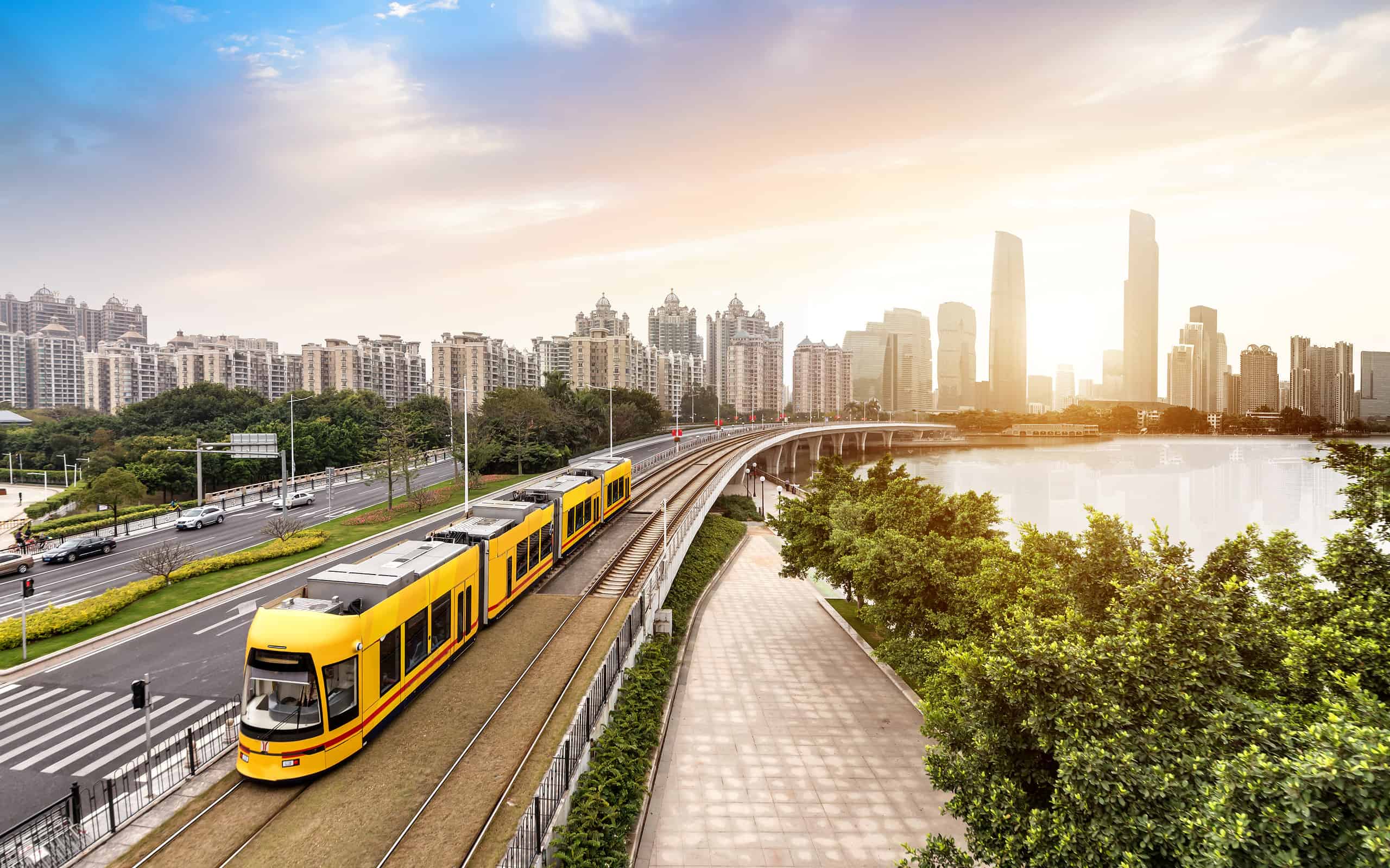 The sightseeing train is driving in the city,guangzhou,china