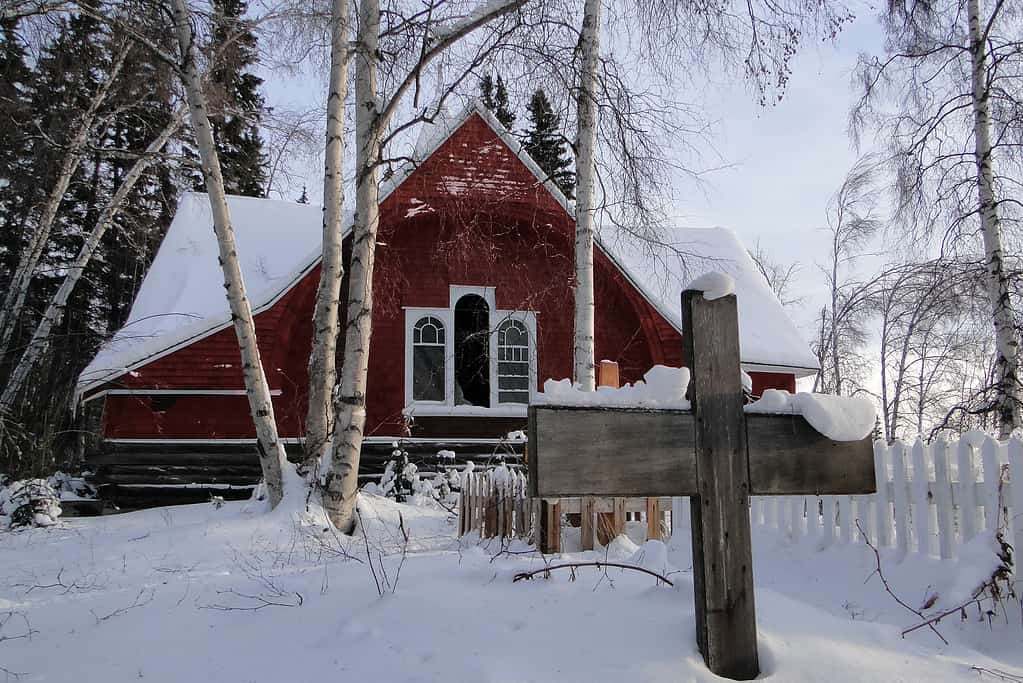 A wintery view of the abandoned Old Mission outside of Tanana, Alaska.