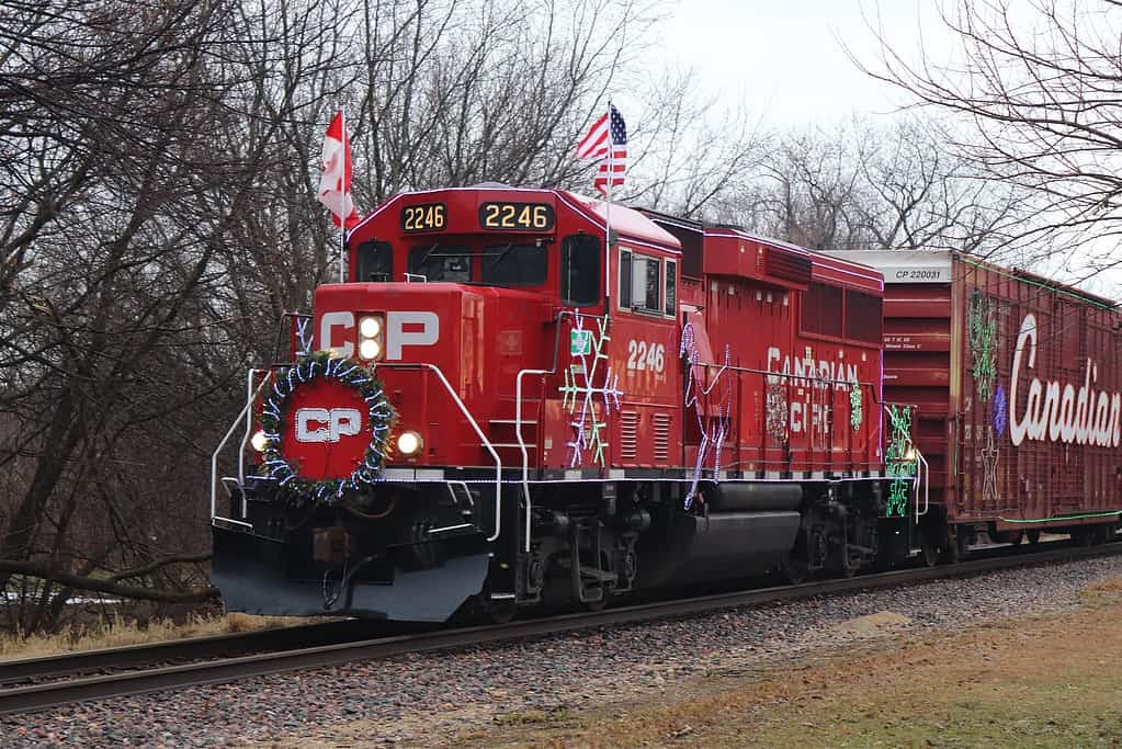 A train decorated for the holidays at Pingree Grove, IL