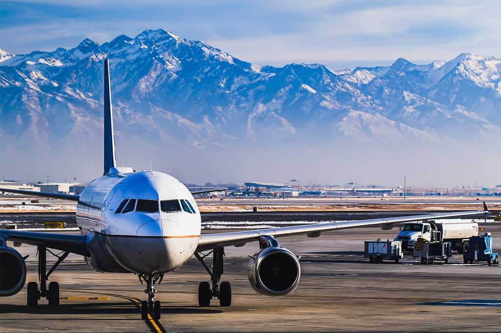 Beautiful view of the snow covered mountains from Salt Lake City whilst in the airport lounge getting ready for departure during winter.