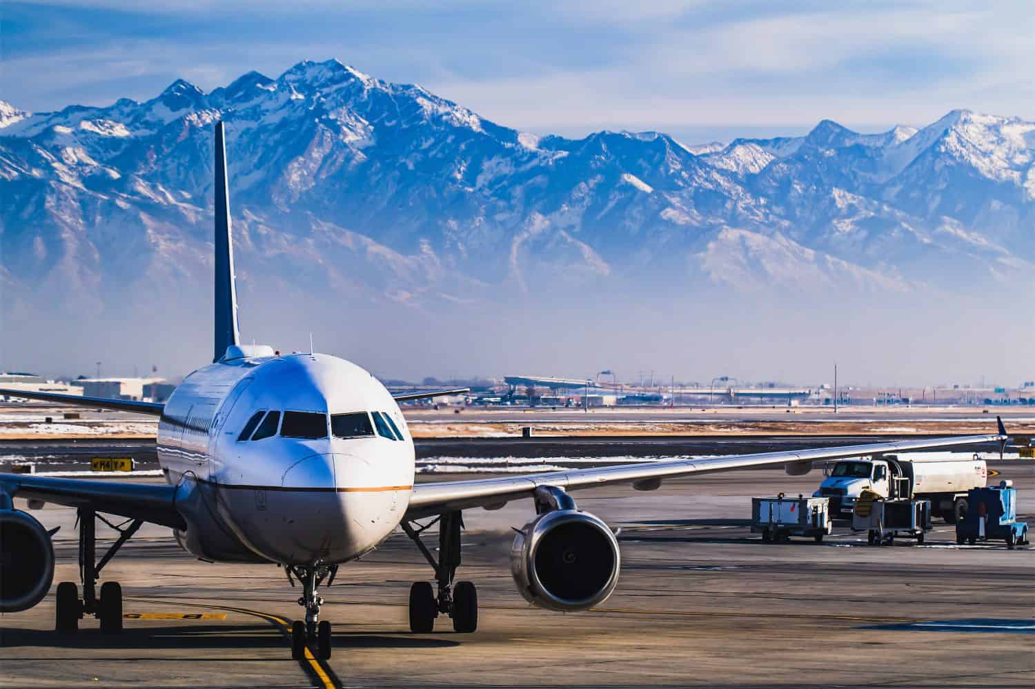 Beautiful view of the snow covered mountains from Salt Lake City whilst in the airport lounge getting ready for departure during winter.