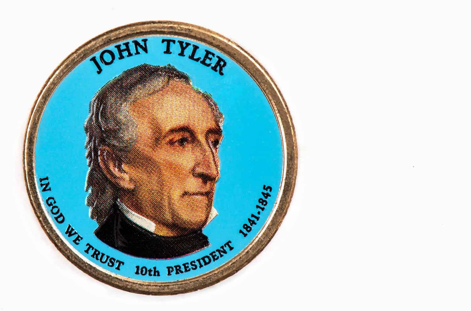 John Tyler Presidential Dollar, USA coin a portrait image of JOHN TYLER in God We Trust 10th PRESIDENT 1841-1845 on $1 United Staten of Amekica, Close Up UNC Uncirculated - Collection