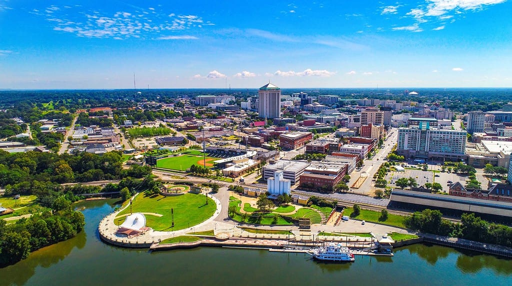 Drone Aerial View of Downtown Montgomery Alabama AL Skyline