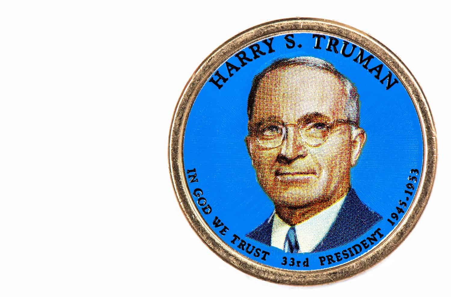 Harry S. Truman Presidential Dollar, USA coin a portrait image of HARRY S. TRUMAN in God We Trust 33rd PRESIDENT 1945-1953 on $1 United Staten of Amekica, Close Up UNC Uncirculated - Collection