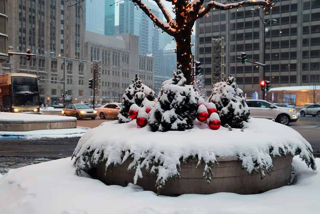Beautiful Christmas eve in Chicago downtown. Snowy winter day in Chicago downtown. Scenic view in a downtown with street decoration covered by fresh snow in a out of focus street background.