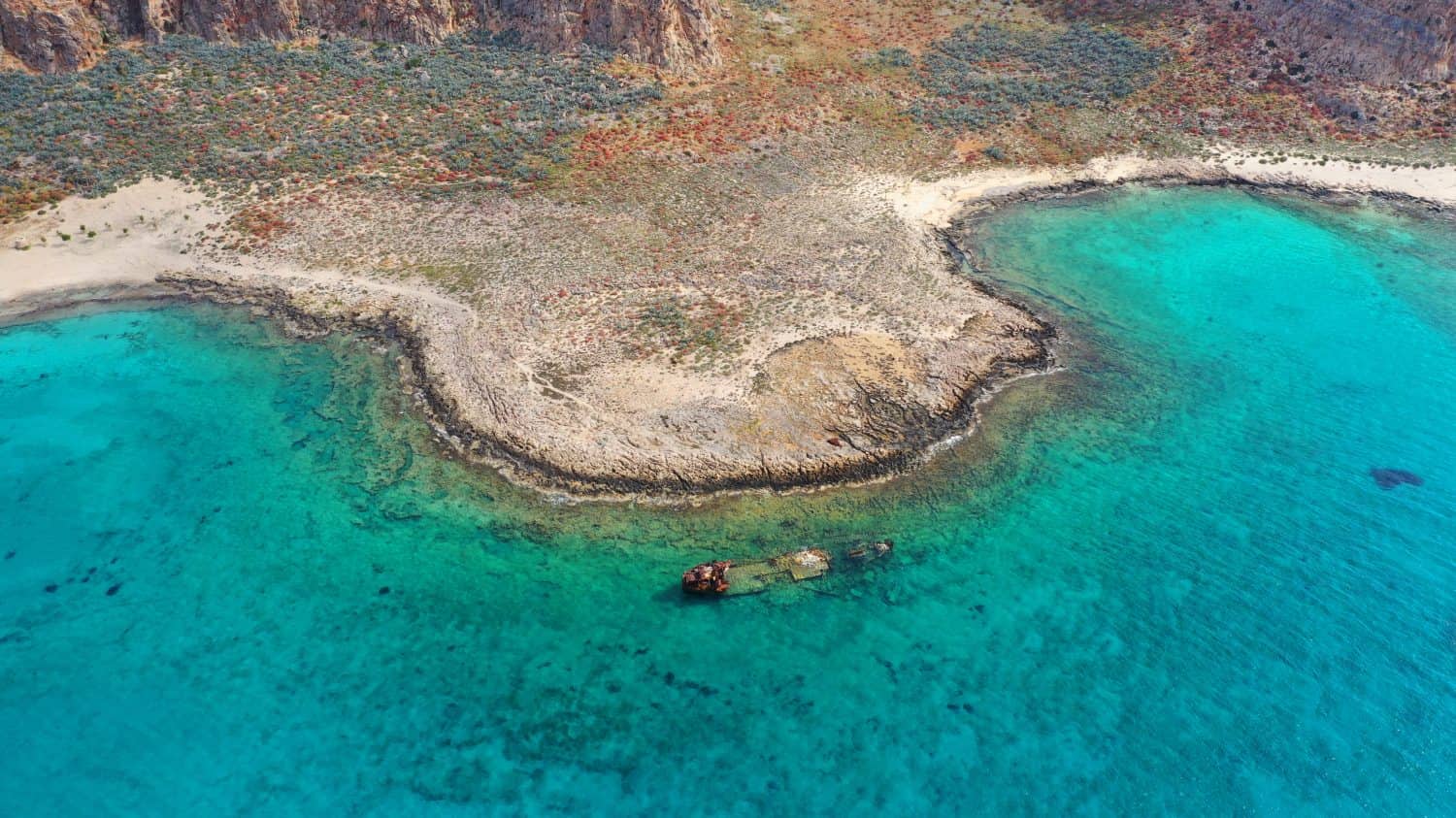 Aerial drone photo of shipwreck of Dimitrios in iconic small island of Gramvousa in North West Crete island, Greece