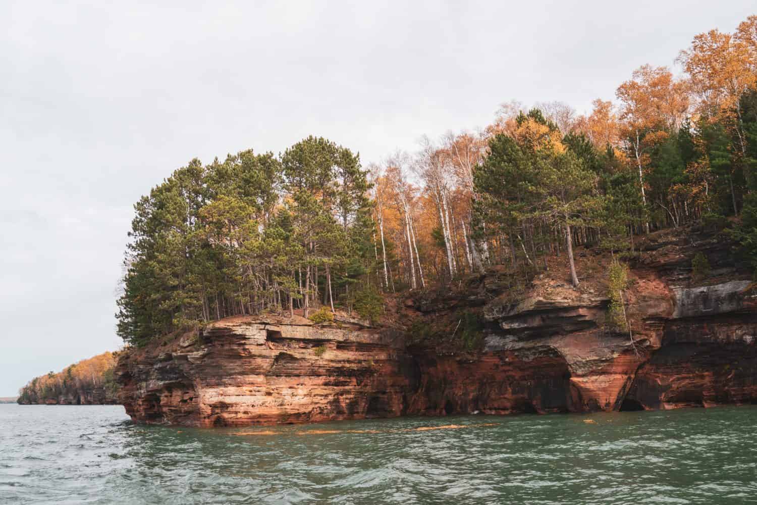 Wide angle view of the Apostle Islands Meyers Beach sea caves in the fall season