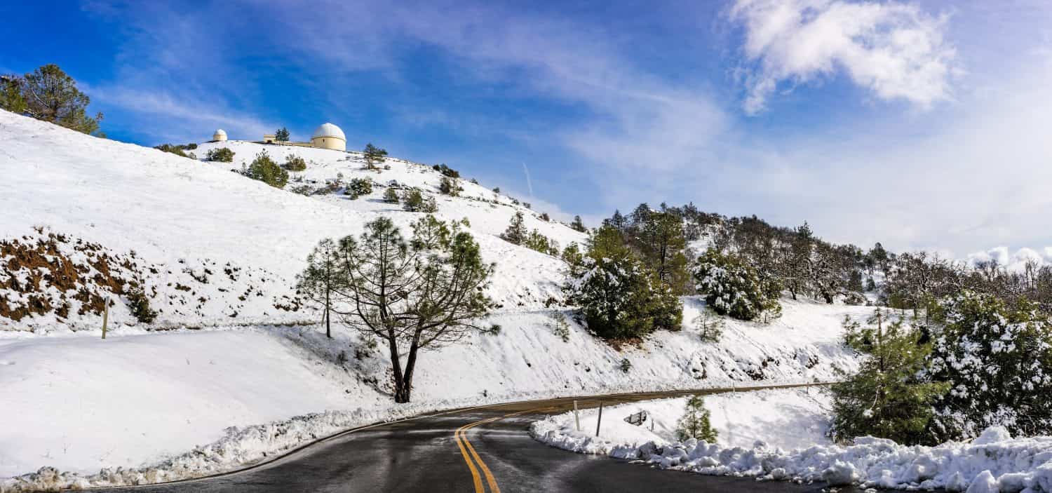 Snowy winter day on top of Mount Hamilton, in the Diablo mountain range; South San Francisco Bay Area, California