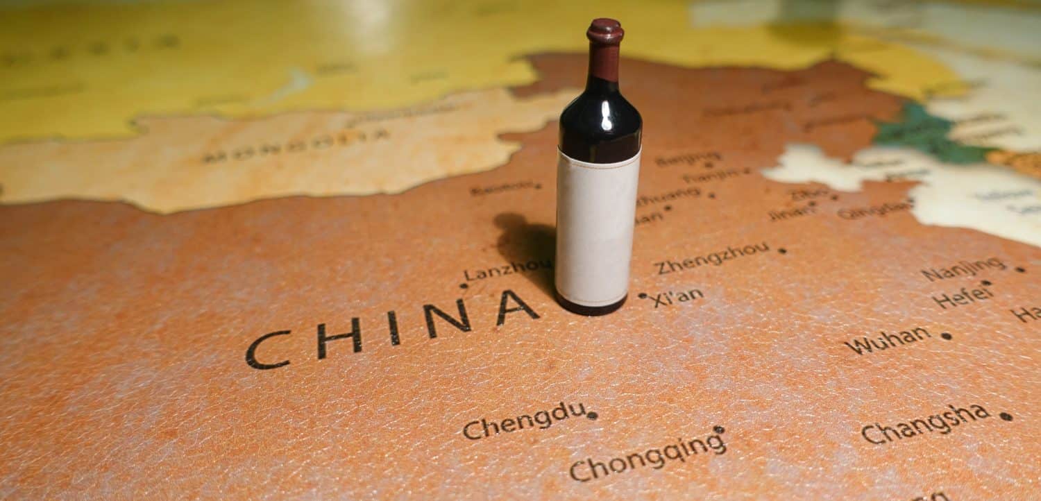 Red wine bottle on a map of China.