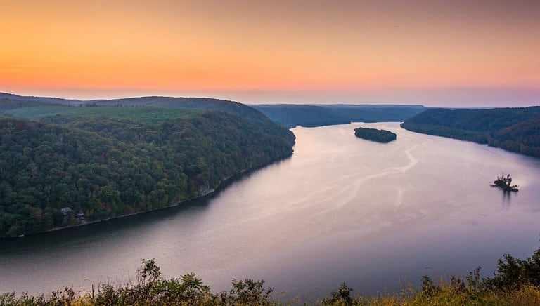 View of the Susquehanna River at sunset, from the Pinnacle in Southern Lancaster County, Pennsylvania.