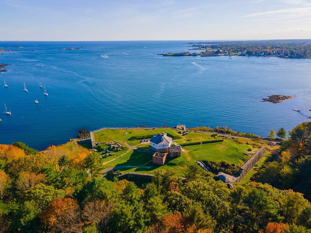 Fort McClary aerial view in fall on Piscataqua River at Portsmouth Harbor, with Fort Constitution at the background across the river in Kittery Point, town of Kittery, Maine ME, USA.