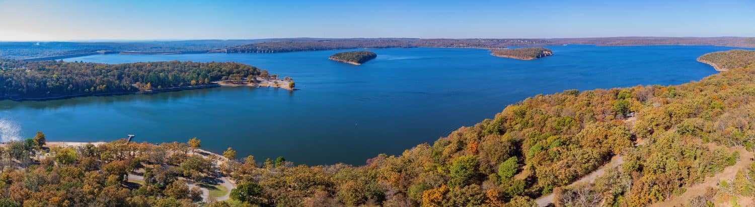 Aerial view of the nature autumn fall color of Tenkiller State Park at Oklahoma