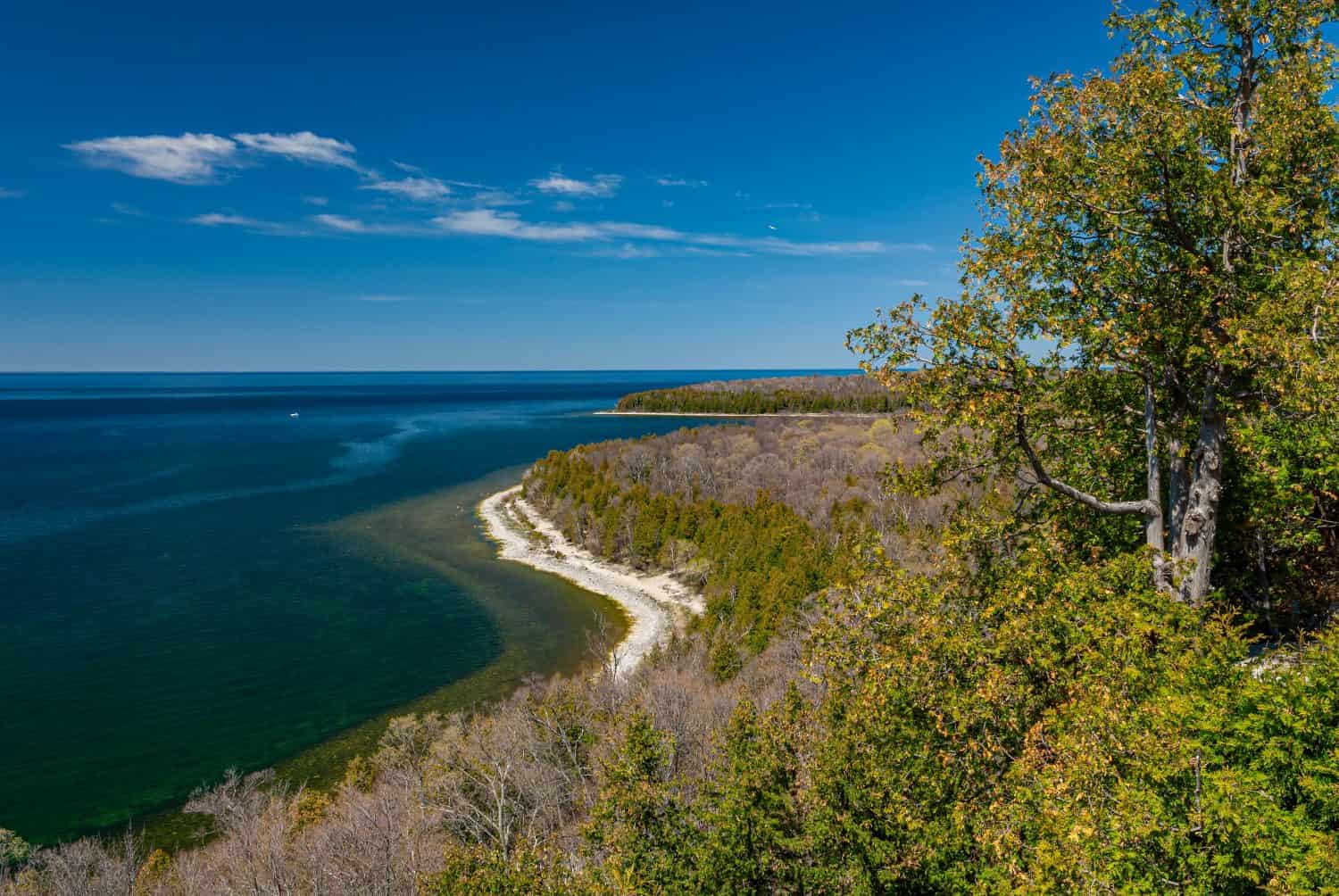 The Green Bay, Lake Michigan shore and bluff show signs of spring bud out at Peninsula State Park,  Door County, Wisconsin