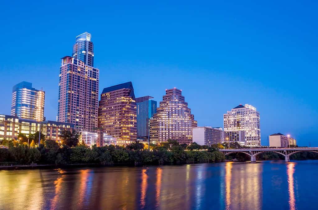 Beautiful Austin skyline reflection at twilight, Texas