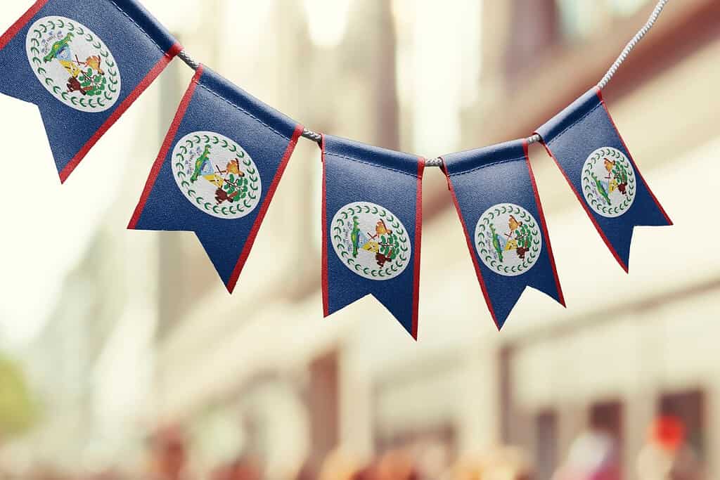 A garland of Belize national flags on an abstract blurred background.