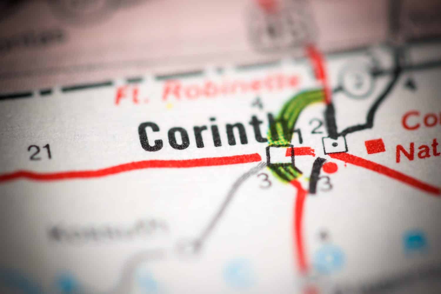 Corinth. Mississippi. USA on a geography map