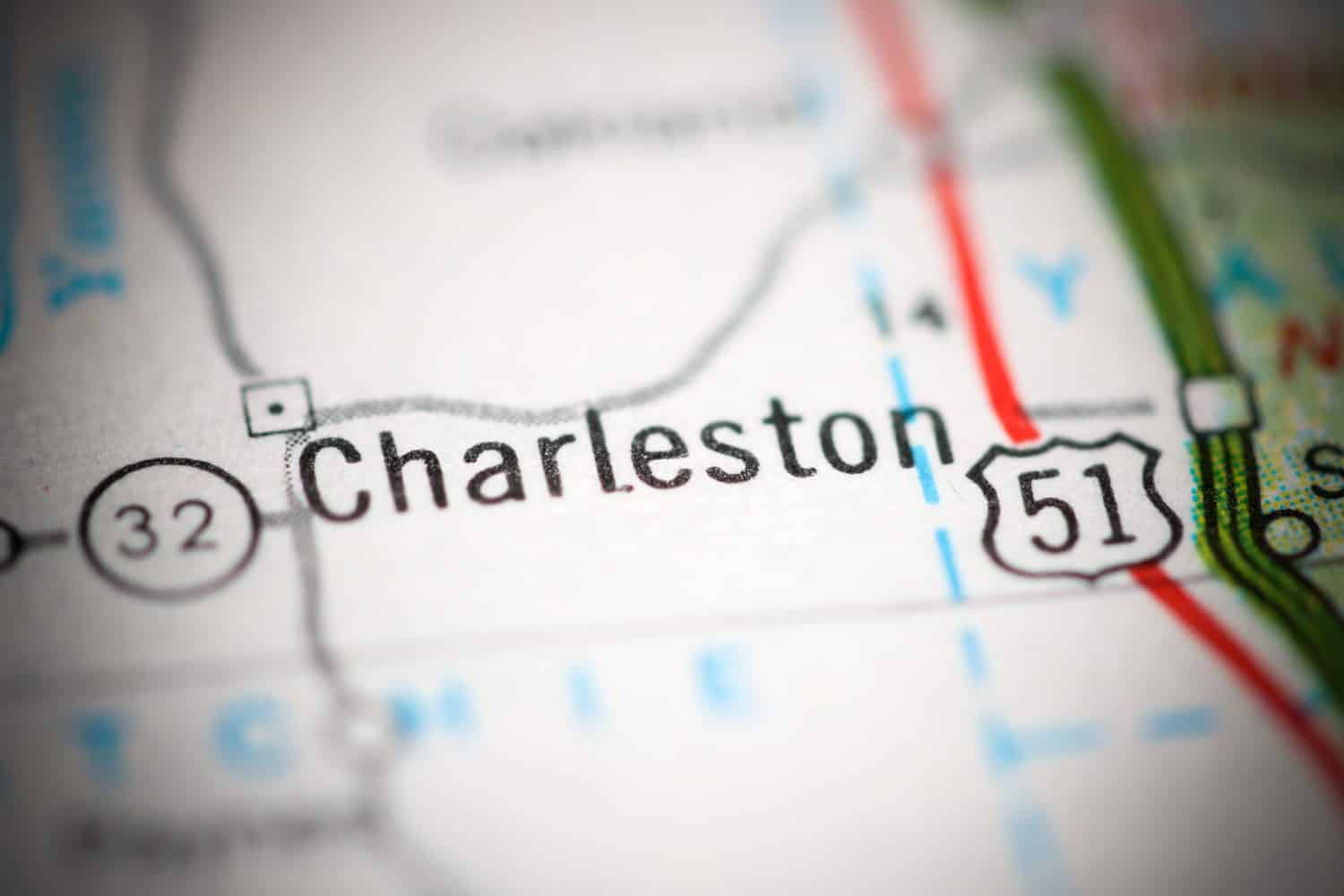 Charleston. Mississippi. USA on a geography map