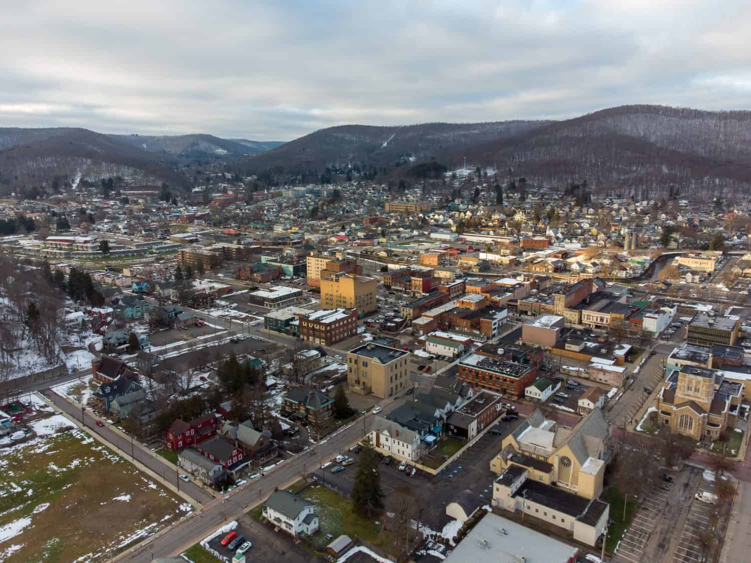 A beautiful aerial view of the city of Bradford, Pennsylvania in the winter.