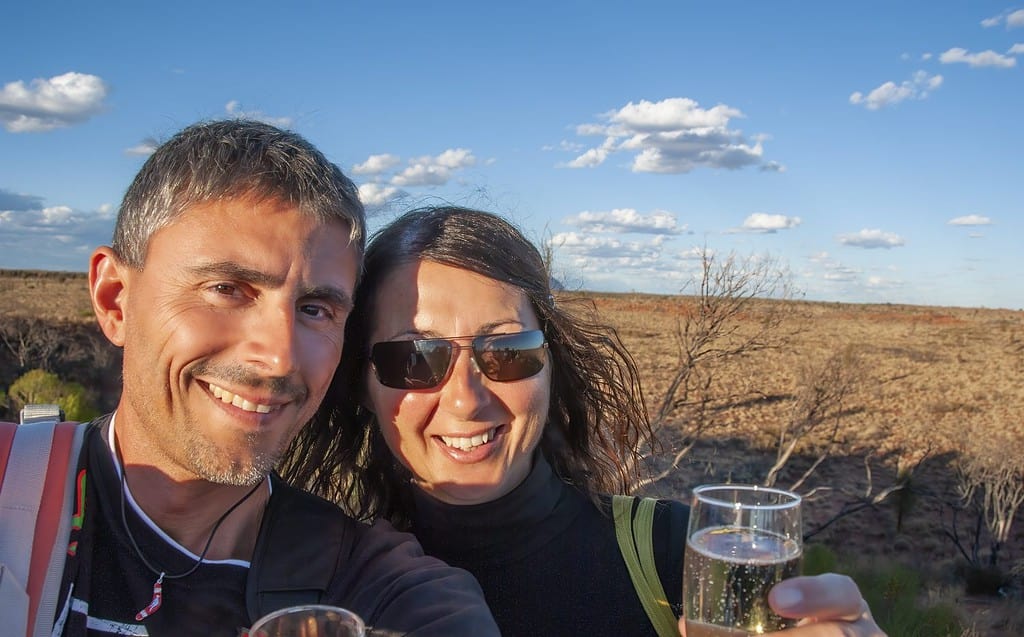 Selfie of a happy caucasian couple on vacation relaxing at dinner in the australian outback.