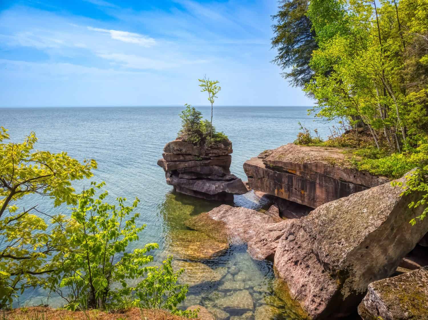 Rocky coastline of Lake Superior in Big Bay State Park in La Pointe on Madeline Island in the Apostle Islands National Lakeshore in Wisconsin USA