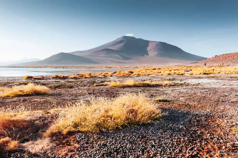 High-altitude lake and volcanoes in Altiplano plateau, Bolivia. South America summer landscape