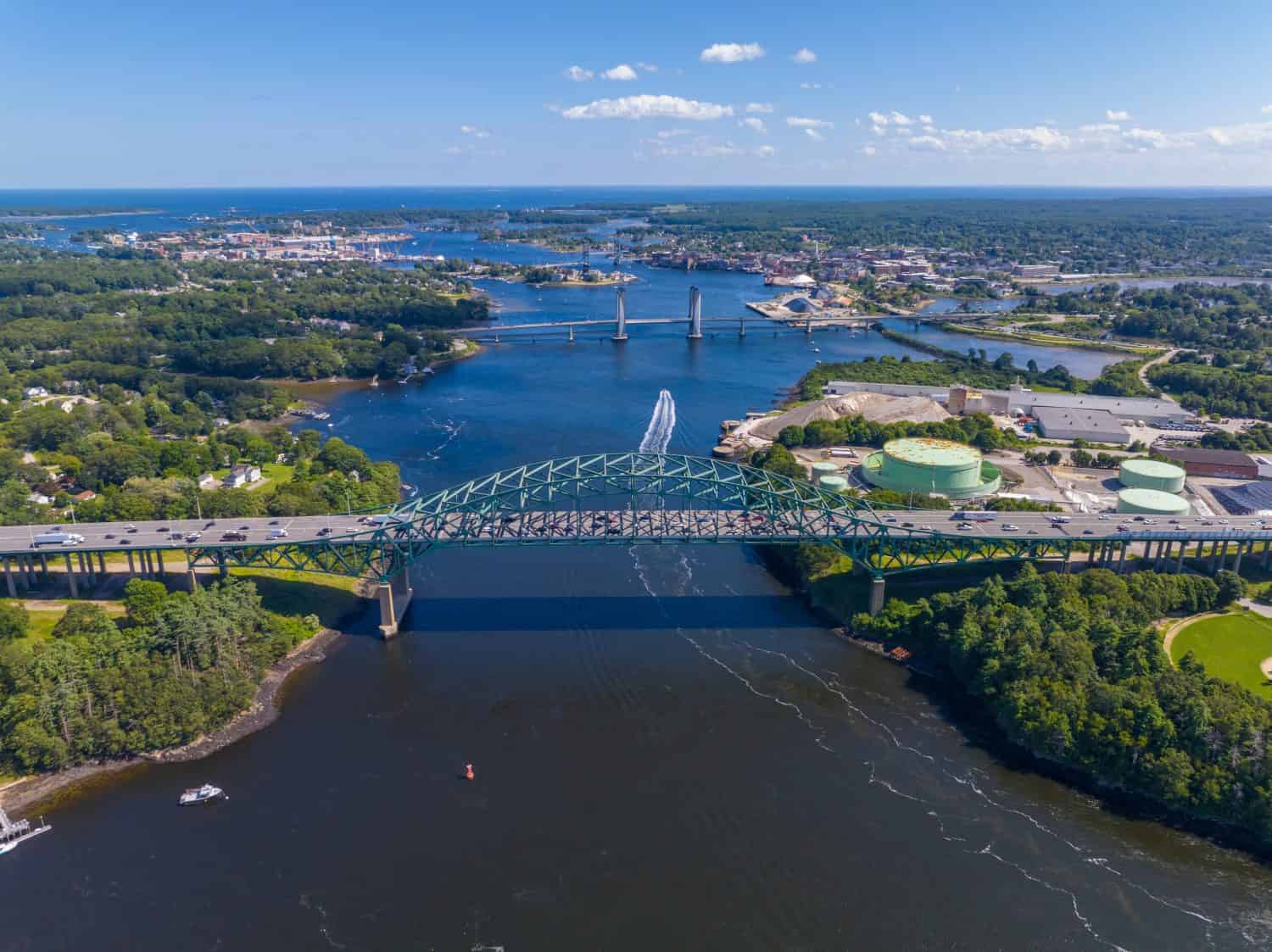 Piscataqua River Bridge aerial view that carring Interstate Highway 95 across Piscataqua River connecting Portsmouth, New Hampshire with Kittery, Maine, USA. 