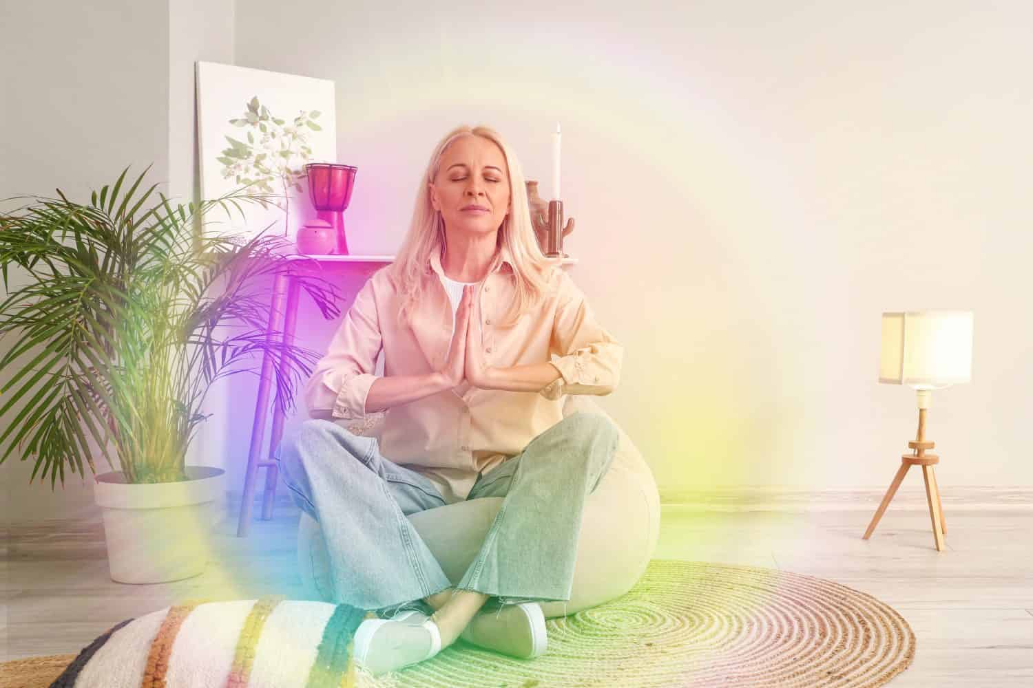 Meditating mature woman with colorful aura at home