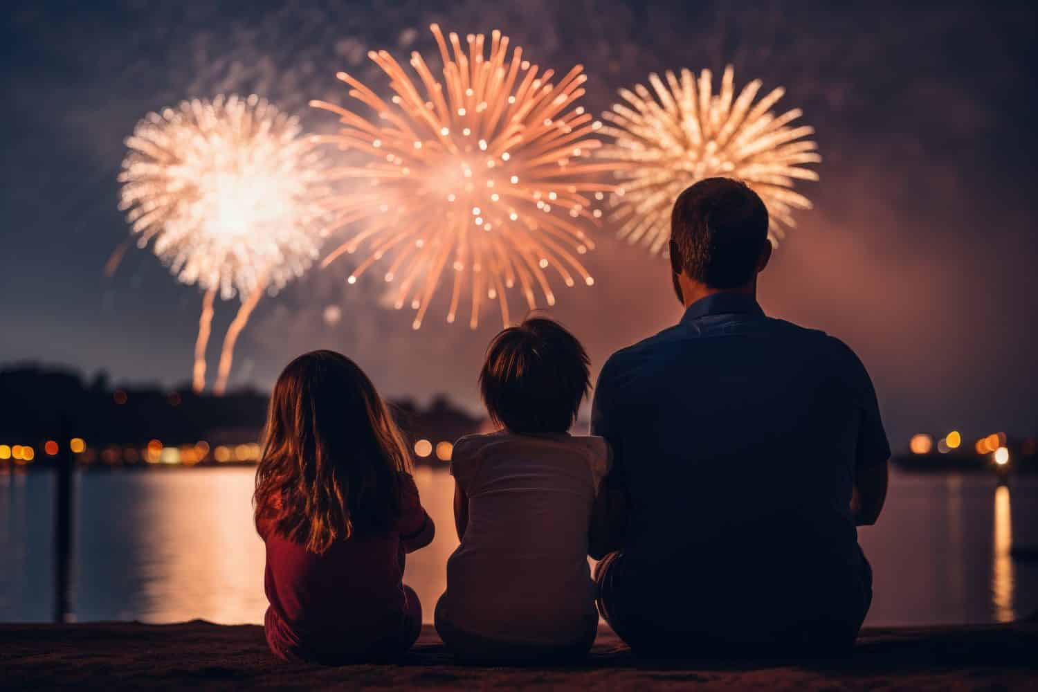 Family watching fireworks, Merry Christmas and Happy New Year 2024 holiday. High quality photo