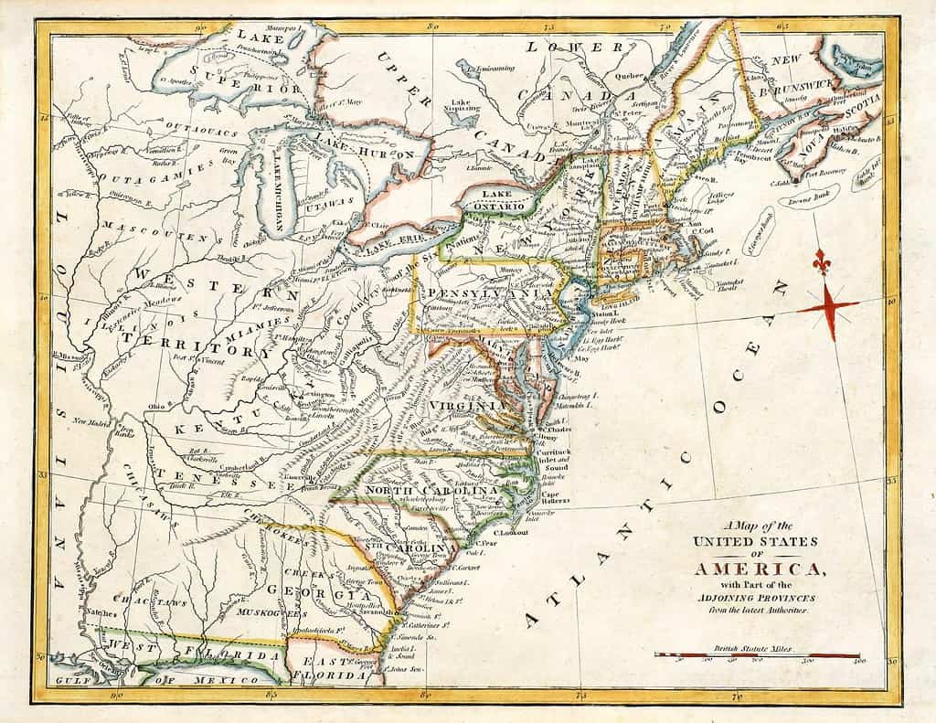 Early map of NE America, printed in England in 1795.
