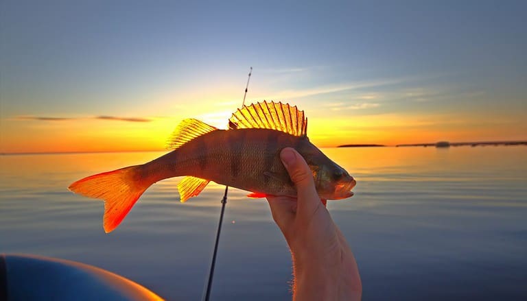 Favorite male leisure. Sunset lake, perch fishing with boat and rod, evening bite. Fishing at sunset key to peace of mind and good mood