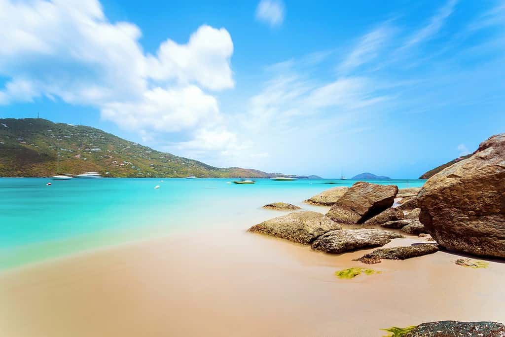 Idyllic beach at Magens Bay, Saint Thomas, US Virgin Islands. This beach is considered one of the best top ten beaches in the world. Paradise and clear water for relaxation. Idyllic spot.